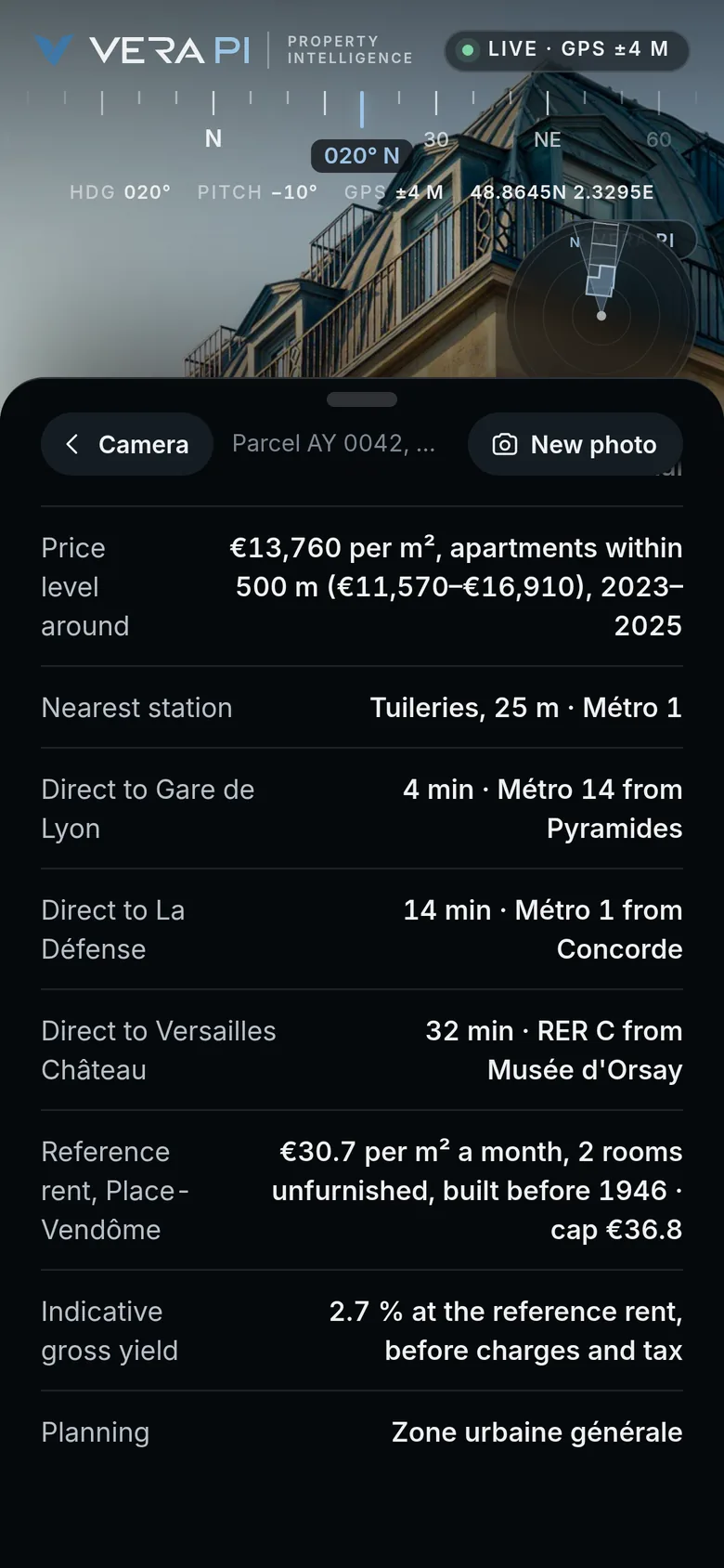 The record for 2 Rue d'Alger: €13,760 per m² around it, the Tuileries metro 25 m away, a reference rent of €30.7 per m² a month and a gross yield of 2.7 %